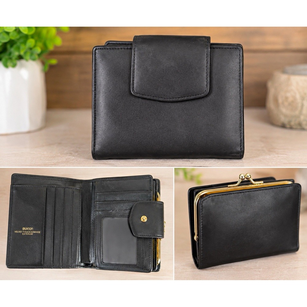 Buxton Black Leather Bifold Wallet Vintage Kisslock Coin Purse Card Slots ID